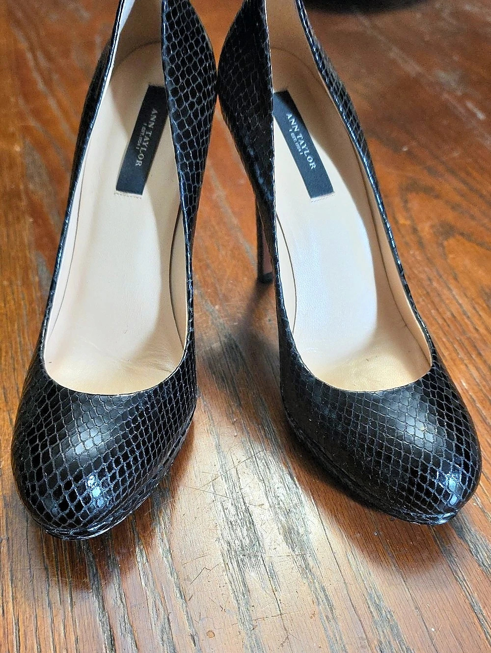 Ann Taylor Black Snakeskin-Print Pumps